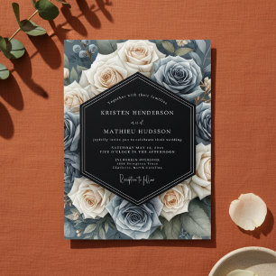 Invitation Élégance Florale Bleu Ardoise pour Mariage