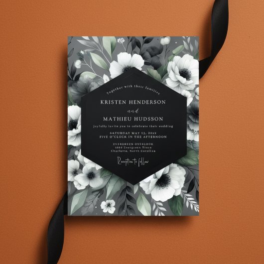 Invitation Élégance florale charbon mariage