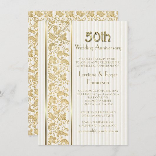 Invitation Élégance florale dorée 50e anniversaire de mariage (Devant / Derrière)