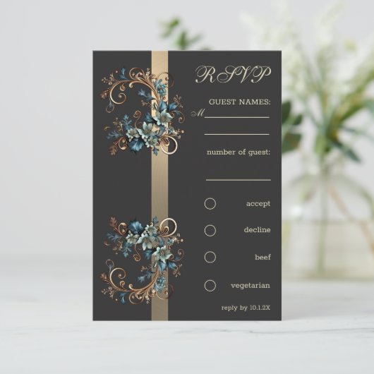Invitation Élégance florale dorée RSVP (Debout devant)