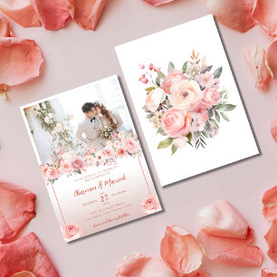 Invitation Élégance Florale Rose Dusty Avec Mariage Photo