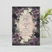 Invitation Elégance foncée avec Roses violets & dentelle (Debout devant)