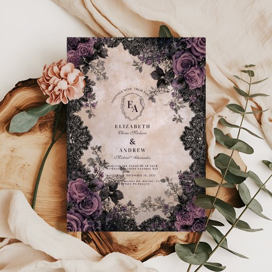 Invitation Elégance foncée avec Roses violets & dentelle