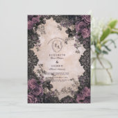 Invitation Elégance foncée avec Roses violets & dentelle (Debout devant)
