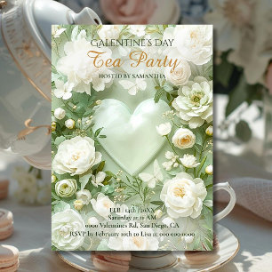 Invitation Élégance Galentine au cœur floral rococo vert saug