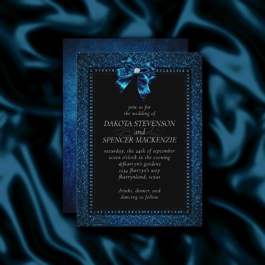 Invitation Élégance gothique | Aquamarine Blue Bow Dark Moody