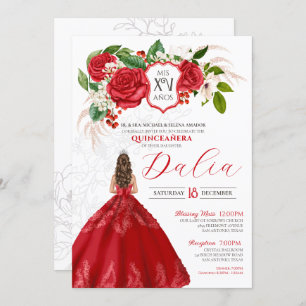 Invitation Élégance Gras Roses Rouges Crest Floral Quinceaner