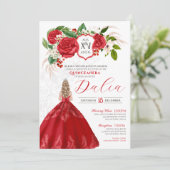 Invitation Élégance Gras Roses Rouges Crest Floral Quinceaner (Debout devant)