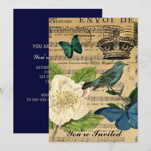 Invitation élégance minable de rose de notes de musique (Devant / Derrière)