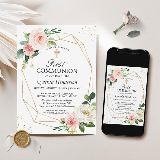 Invitation Élégance moderne Blush rose Floral première commun