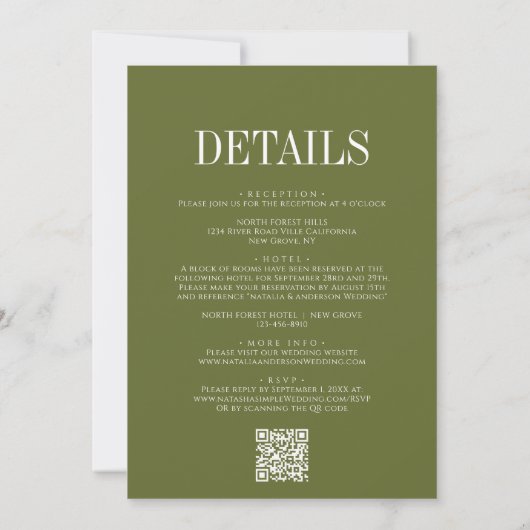 Invitation Élégance moderne Olive Green QR Code Mariage (Dos)
