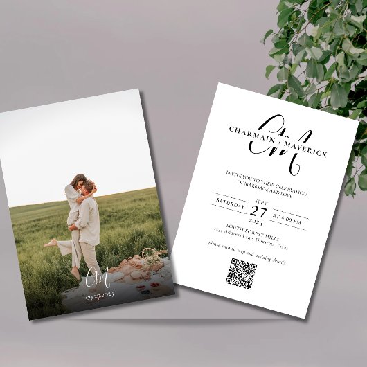 Invitation Elegance Monogramme Photo Qr Code Mariage