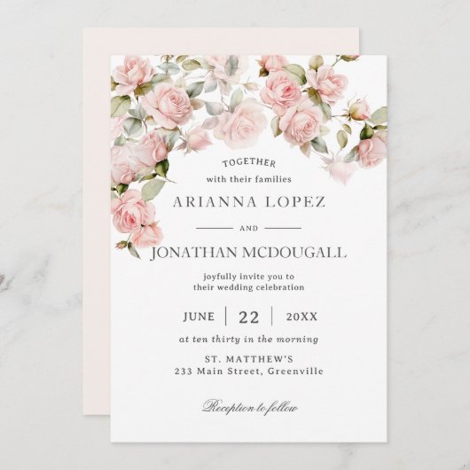 Invitation Elégance rustique Blush Roses Rose Mariage Floral (Devant / Derrière)