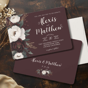 Invitation Elégance Rustique Bourgogne Floral Mariage