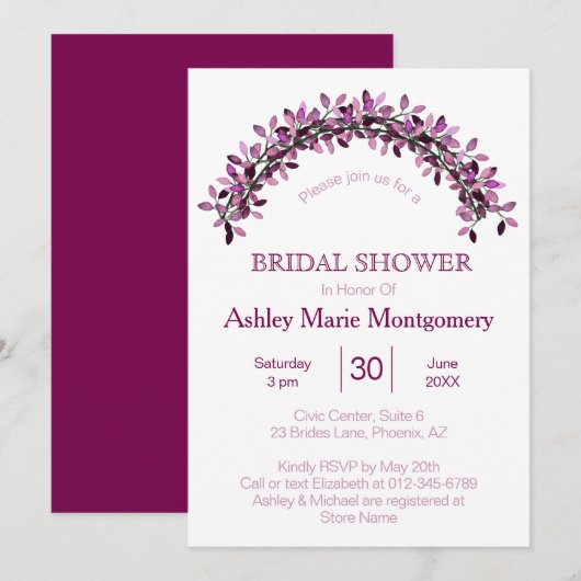 Invitation Élégance Simple Mariage Feuilles Violettes Arche (Devant / Derrière)
