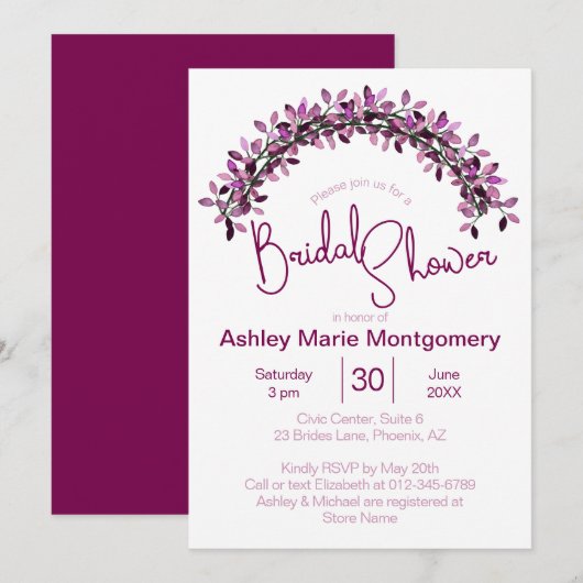Invitation Élégance Simple Mariage Fleurie Arche Violet (Devant / Derrière)
