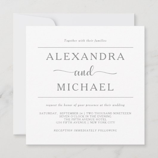 Invitation Élégance simple| Mariage gris et blanc minimal (Devant)