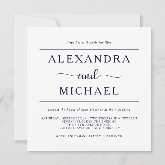 Invitation Élégance simple| Marine minimale et Mariage blanc (Devant)