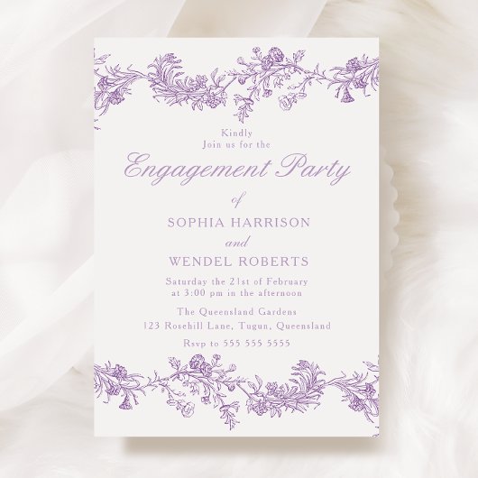 Invitation Élégance vintage : Parti d'engagement floral viole