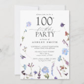 Invitation Elégant 100e anniversaire Fleurs sauvages bleus (Devant)