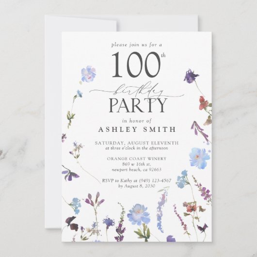 Invitation Elégant 100e anniversaire Fleurs sauvages bleus (Devant)