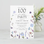 Invitation Elégant 100e anniversaire Fleurs sauvages bleus (Debout devant)