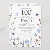 Invitation Elégant 100e anniversaire Fleurs sauvages bleus (Devant / Derrière)