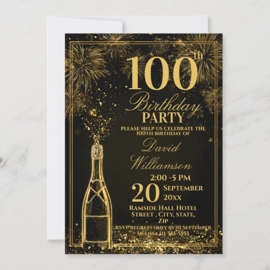 Invitation Elegant 100th Birthday Gold Bottle Fizz (Devant)