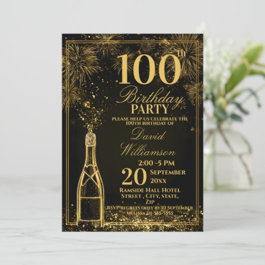 Invitation Elegant 100th Birthday Gold Bottle Fizz (Debout devant)