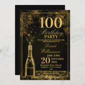 Invitation Elegant 100th Birthday Gold Bottle Fizz (Devant / Derrière)