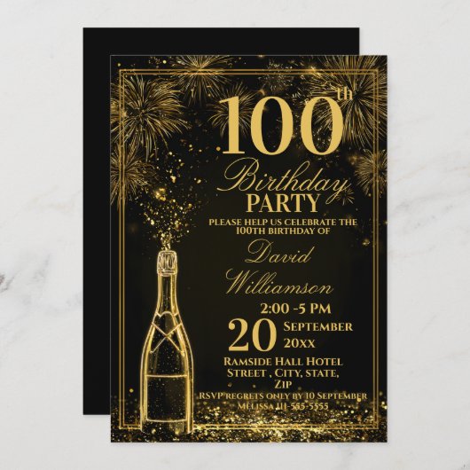 Invitation Elegant 100th Birthday Gold Bottle Fizz (Devant / Derrière)