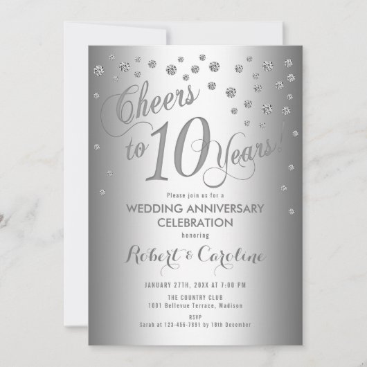 Invitation Élégant 10e Anniversaire de Mariage - Argent Blanc (Devant)