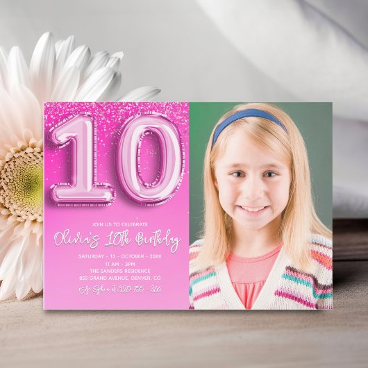 Invitation Elegant 10th Birthday girl with photo Numer Ballon