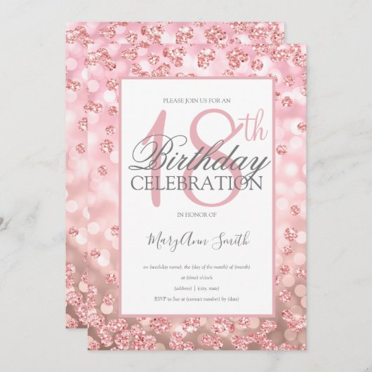 Invitation Elégant 18ème anniversaire Rose Gold Parties scint (Devant / Derrière)