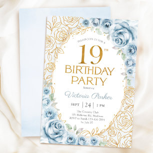 Invitation Élégant 19e Anniversaire Bleu Poussiéreux Or Flora