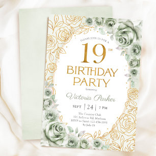 Invitation Elégant 19e Anniversaire Vert Sauge Or Floral