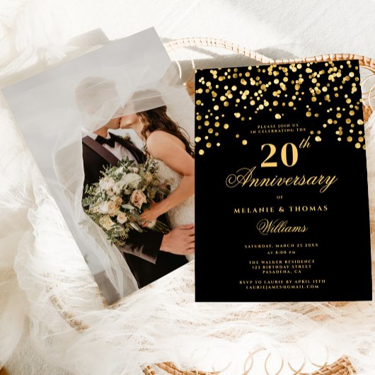Invitation Élégant 20e anniversaire de Mariage Black & Gold