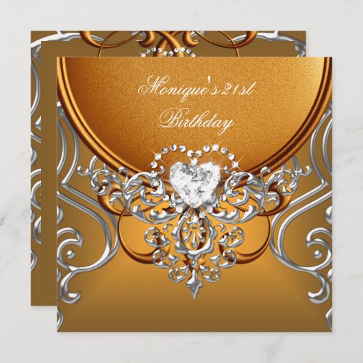 Invitation Élégant 21e anniversaire de fête Gold Silver Diamo (Devant / Derrière)
