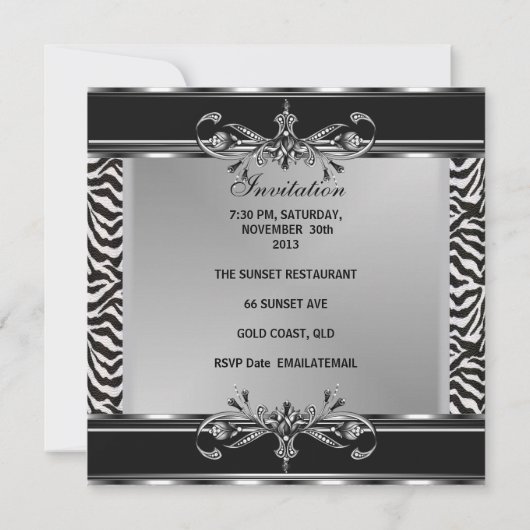 Invitation Elégant 21e anniversaire Zebra Black White Silver (Dos)