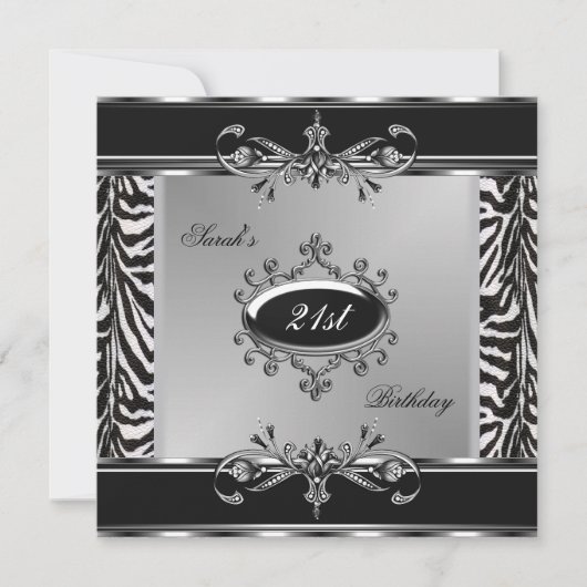 Invitation Elégant 21e anniversaire Zebra Black White Silver (Devant)