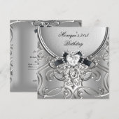 Invitation Élégant 21ème anniversaire de fête Argent Black Di (Devant / Derrière)