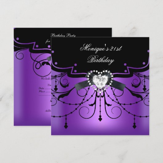 Invitation Élégant 21ème anniversaire de fête de Diamant noir (Devant / Derrière)