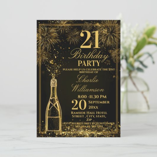 Invitation Elegant 21st Birthday Gold Bottle Fizz (Debout devant)