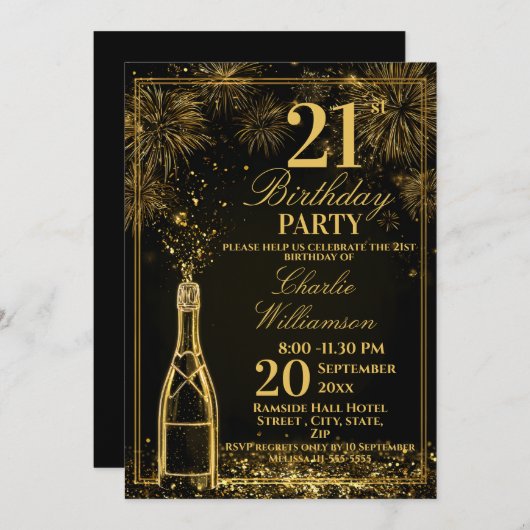 Invitation Elegant 21st Birthday Gold Bottle Fizz (Devant / Derrière)