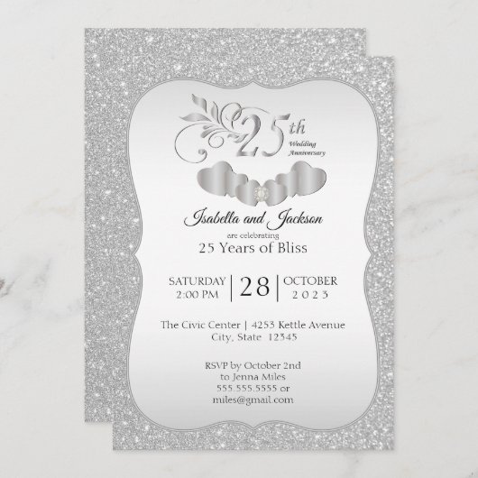 Invitation Élégant 25e Anniversaire Argent Pailleté (Devant / Derrière)