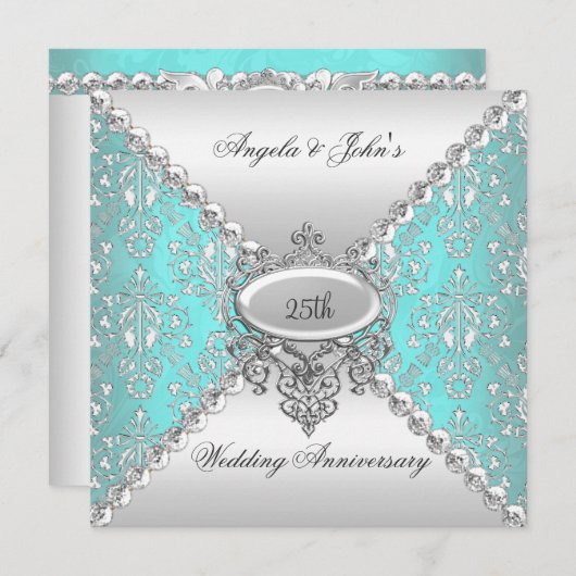 Invitation Élégant 25e Anniversaire de Mariage Bleu Turquoise (Devant / Derrière)