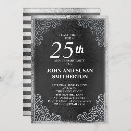 Invitation Élégant 25e anniversaire de Mariage en argent noir (Devant / Derrière)