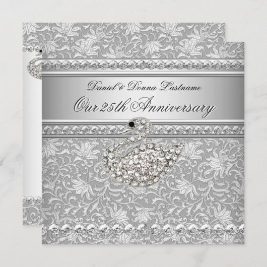 Invitation Élégant 25e anniversaire Silver Damask Swan 2 (Devant / Derrière)