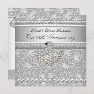 Invitation Élégant 25e anniversaire Silver Damask Swan 2