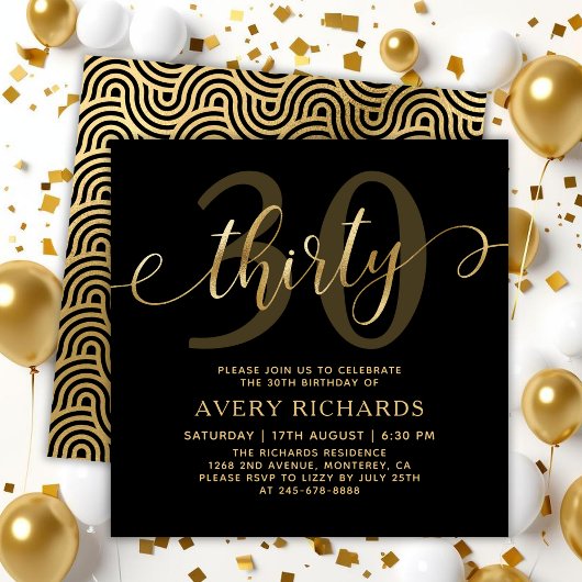 Invitation Élégant 30 Gold Script noir 30e anniversaire